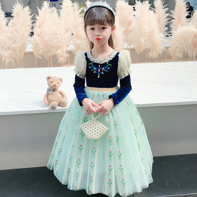 女童冰雪安娜公主裙长袖蓬蓬礼服