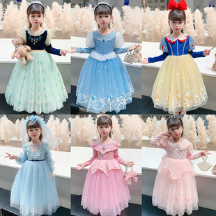 2025新款女童连衣裙艾莎公主裙长袖灰姑娘爱洛冰雪奇缘精品礼服裙