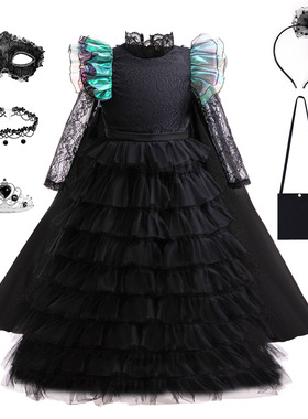 女童黑色公主裙cosplay魔法坏女巫重工蕾丝舞台演出蓬蓬生日礼服