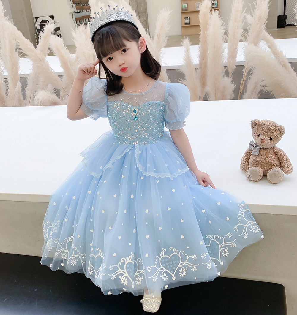 女童爱莎公主裙灯笼短袖软纱裙夏