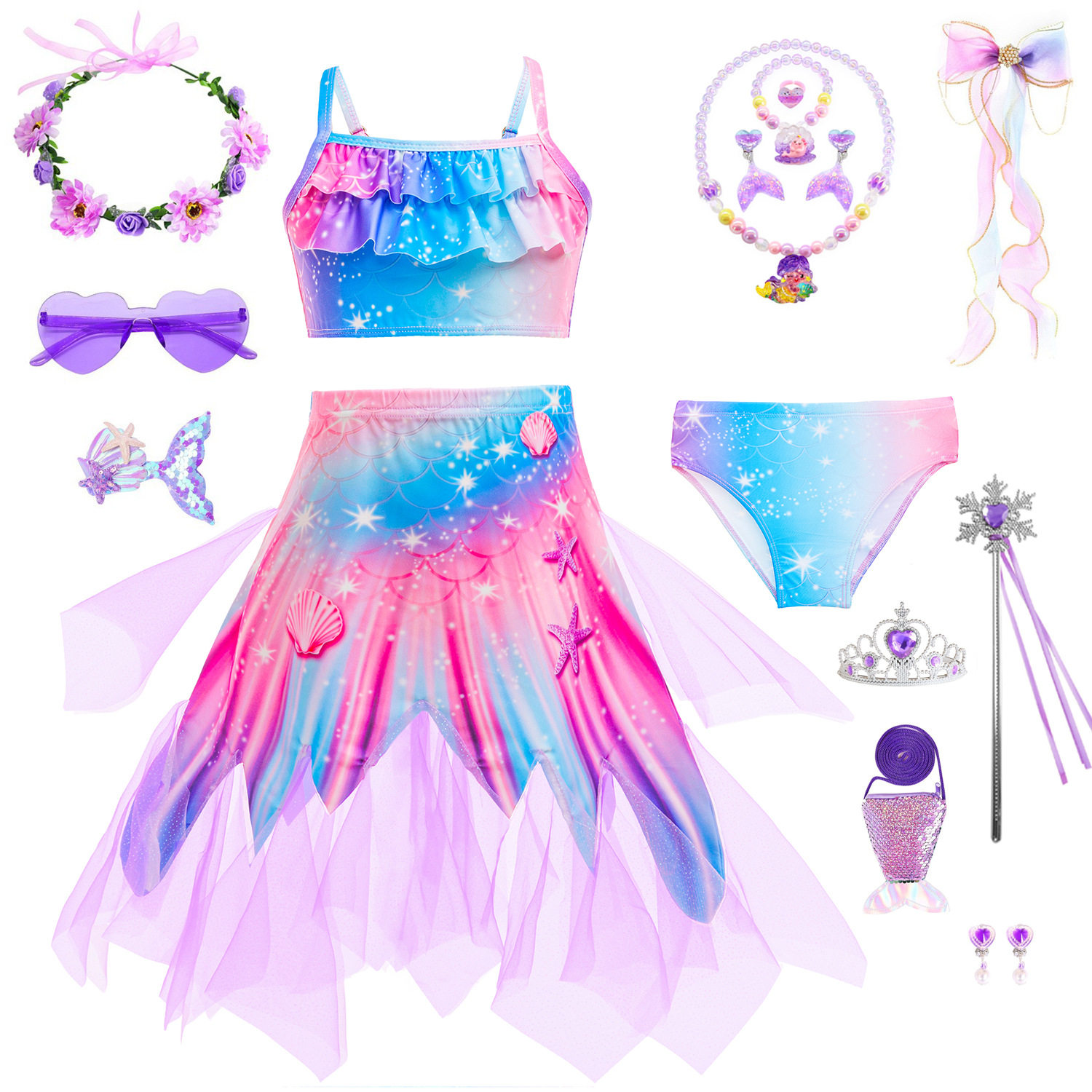 夏季女童梦幻紫美人鱼游泳衣三件套比基尼泳装沙滩玩水度假裙彩虹