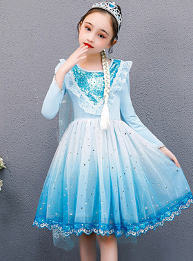秋冬女童装冰雪艾莎女王加绒连衣裙v领纯棉蓝色Elsa裙儿童演出服