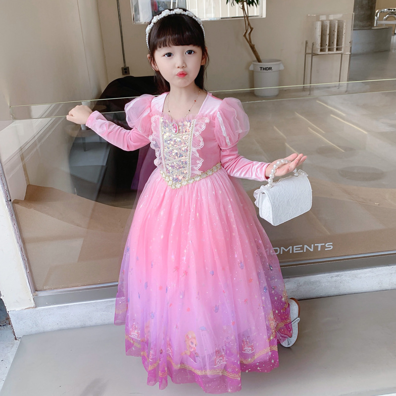 女童长发公主裙粉色印花裙秋季