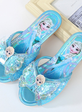女童爱莎头像公主凉鞋蓝色平底拖鞋小女孩防滑软底鞋子百搭洋气夏