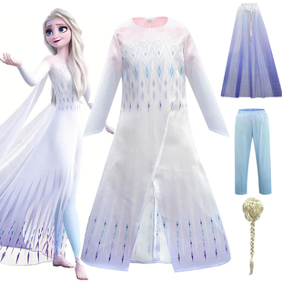 新品 冰雪奇缘2艾莎公主裙cosplay爱莎白色披风礼服裙小女孩表演裙