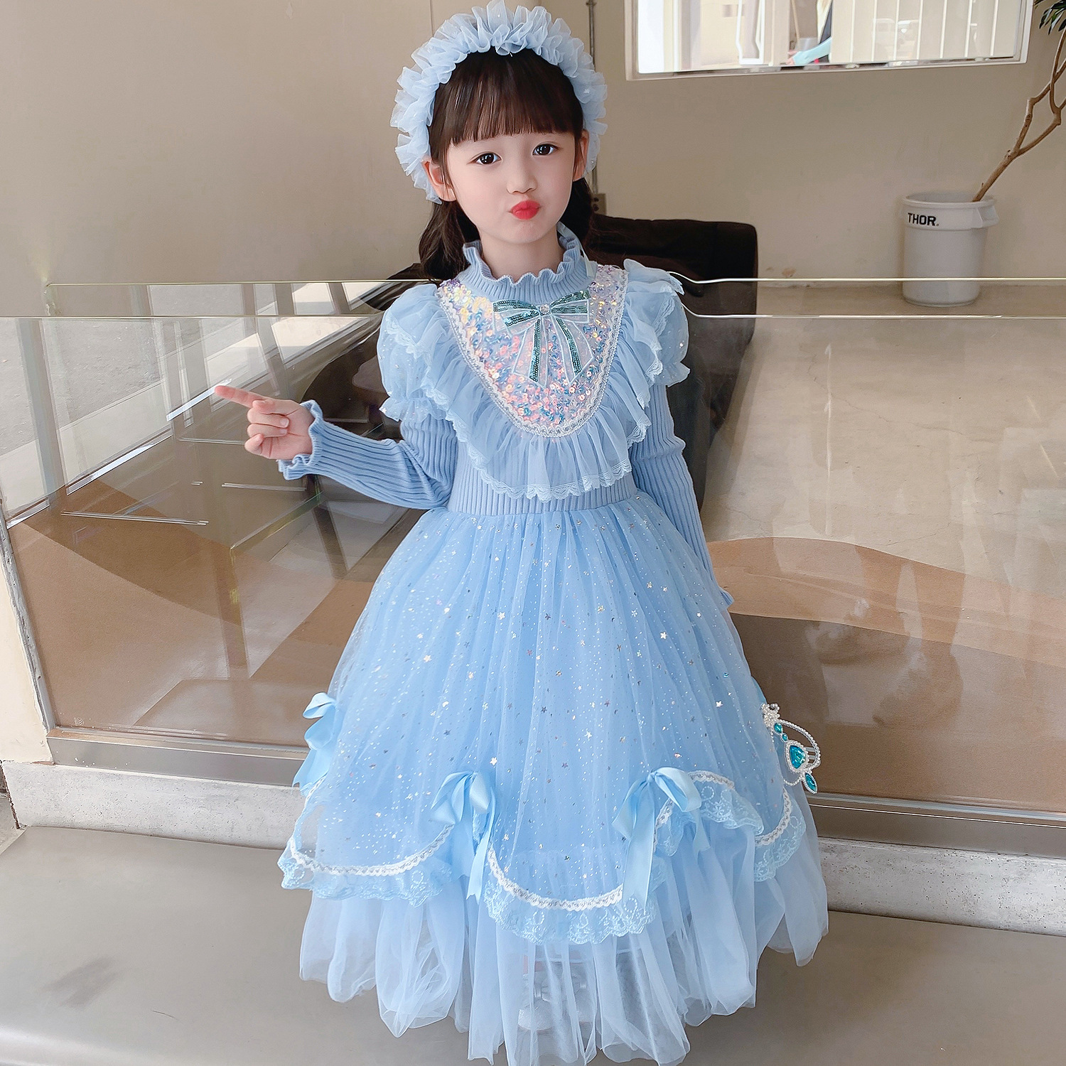 女童艾莎针织毛衣公主裙加厚秋冬