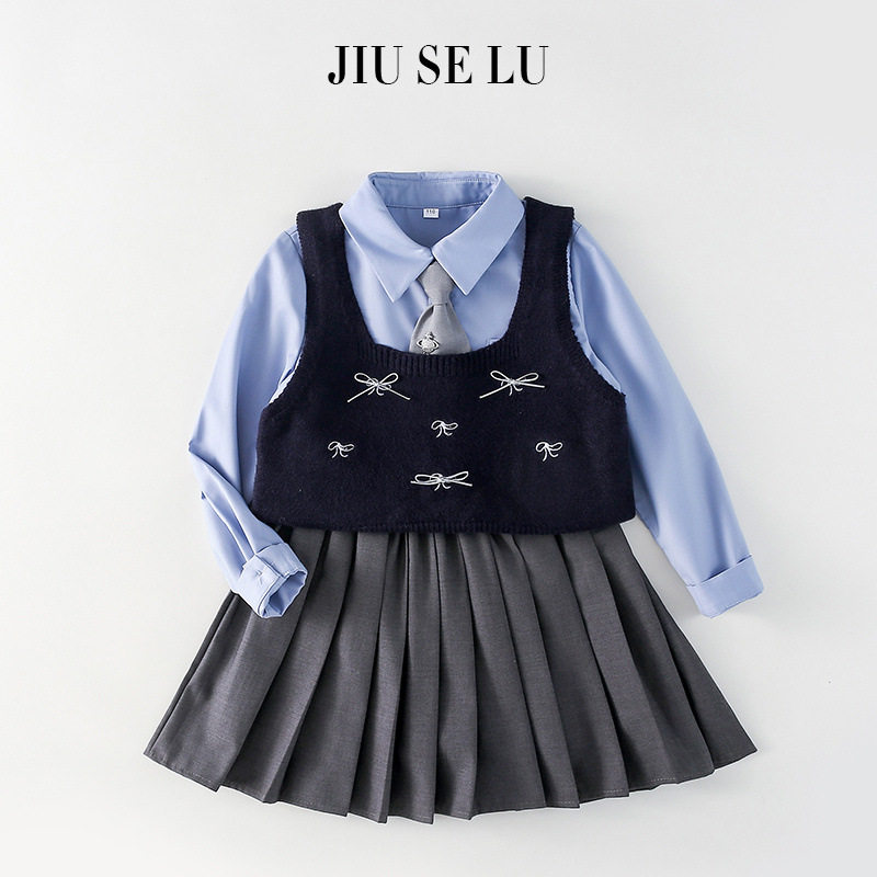 女童学院风JK制服套装领结超酷洋气毛衣裙毛衣马甲背心外穿三件套