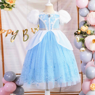 女童灰姑娘公主裙辛德瑞拉表演服小女孩气质泡泡袖蓝色印花爱莎裙