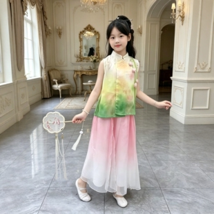 女童立春舞蹈演出服雪纺渐变无袖古典舞新中式汉服套装郁金香裙