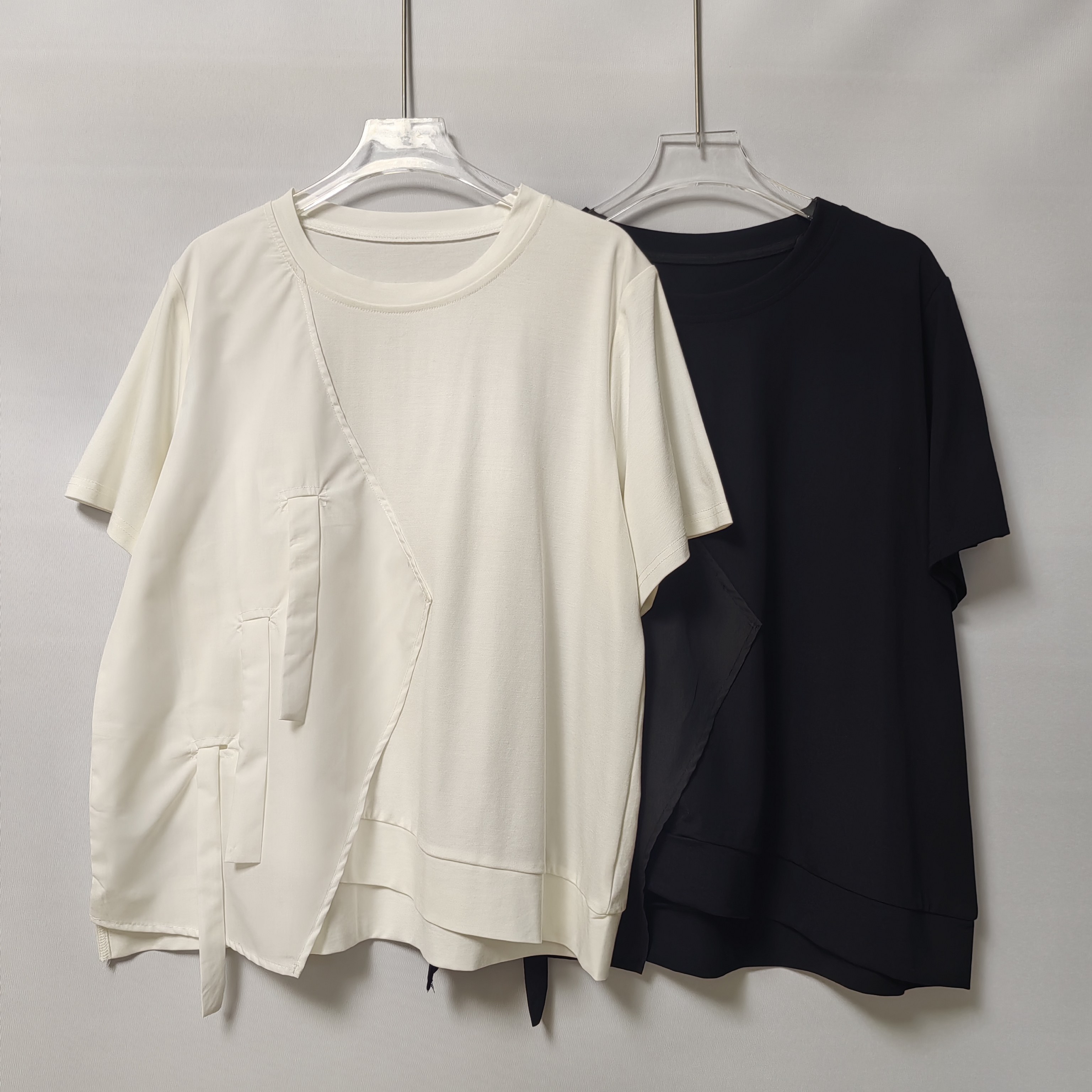 黑色正肩短袖T恤女2026新款夏季宽松显瘦抽皱不规则下摆上衣