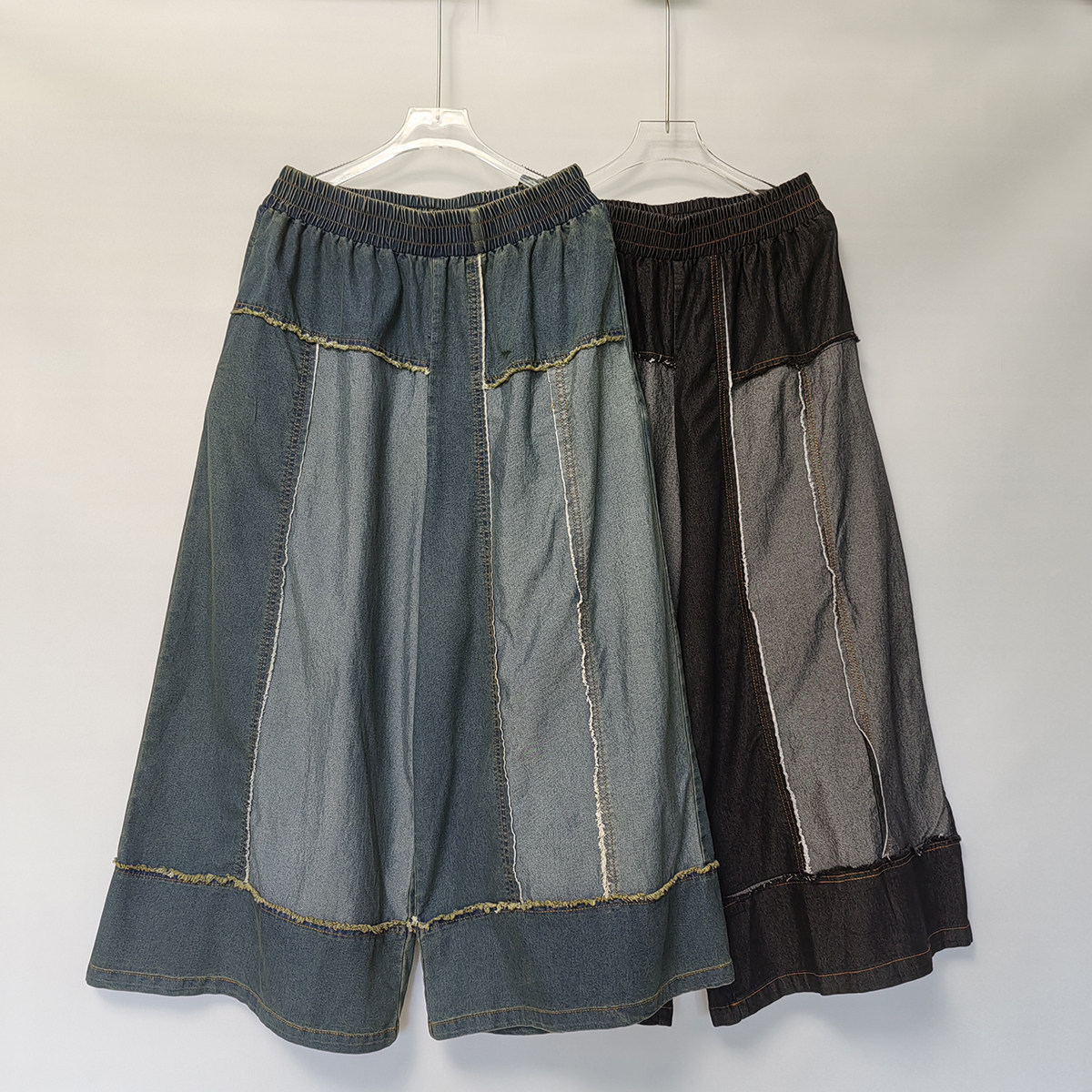 长款撞色中线牛仔裤女夏天薄款微喇阔腿宽松显瘦直筒高腰裤子