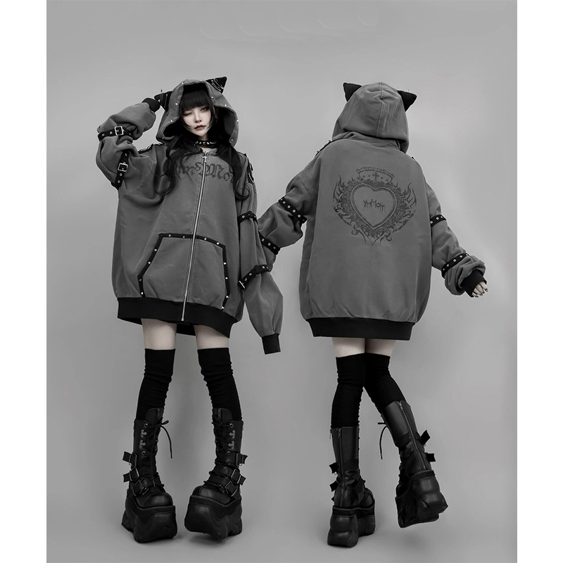 暗黑哥特秋冬款千禧连帽十字架猫耳亚文化y2k朋克拉链卫衣外套