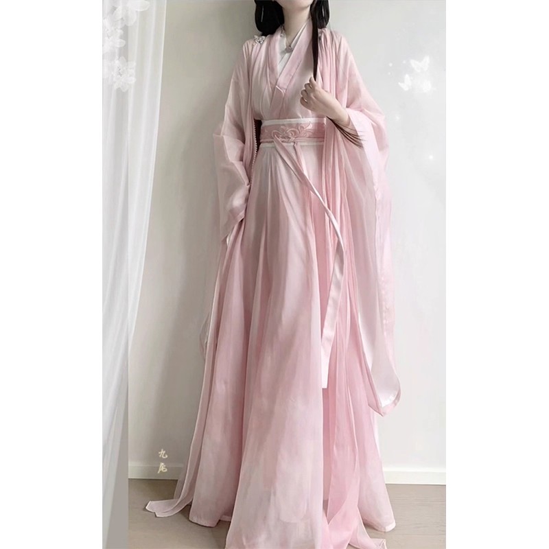 粉色汉服女仙气大袖齐腰绣花魏晋冷清风仙侠超飘逸古装新款秋冬