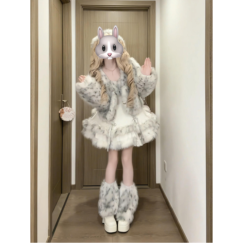 冬季新款lolita裙设计感毛绒外套哥特暗黑系连衣裙两件套洛丽塔