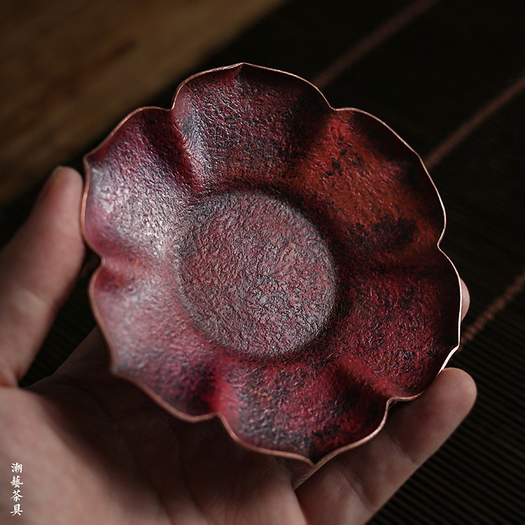 日本杯托锡紫铜莲花金工茶道配件图片