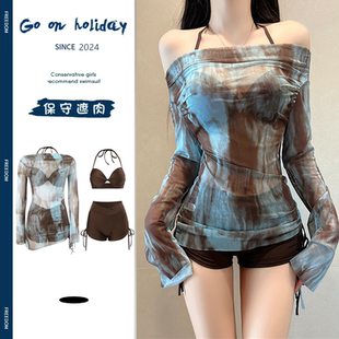 钢托聚拢少女泡温泉度假 时尚 泳衣女分体三件套韩版 ins风防晒罩衫