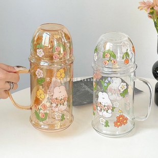 1000ml超大容量卡通兔兔花儿玻璃水壶家用办公室宿舍喝水杯饮水壶