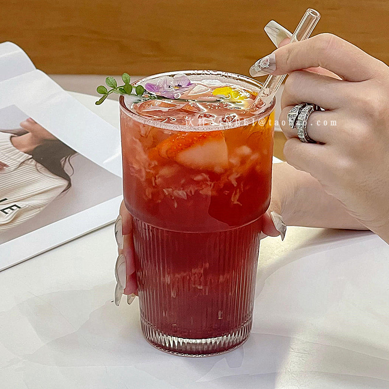 ins风玻璃条纹咖啡杯水果茶杯