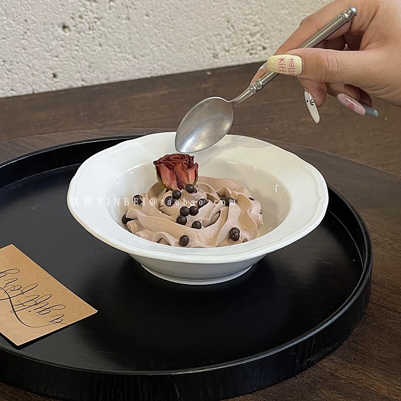 法式ins陶瓷纯色花边碗