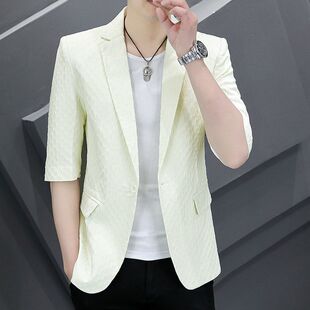 2026新款夏季男士中袖西装薄款修身韩版潮流休闲西服七分袖外套男