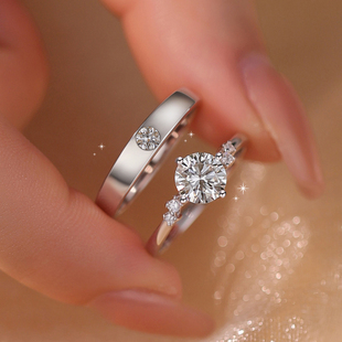 DR莫桑石戒指情侣对戒999纯银一对结婚订婚求婚仪式小众仿真钻戒