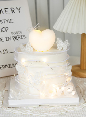 情人节蛋糕装饰插件led灯 白色丝带唯美刺绣蝴蝶快乐甜品台摆件