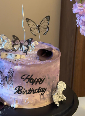 梦幻黑色系蝴蝶蛋糕装饰插件唯美女神仙女幻彩蝴蝶生日甜品台配件
