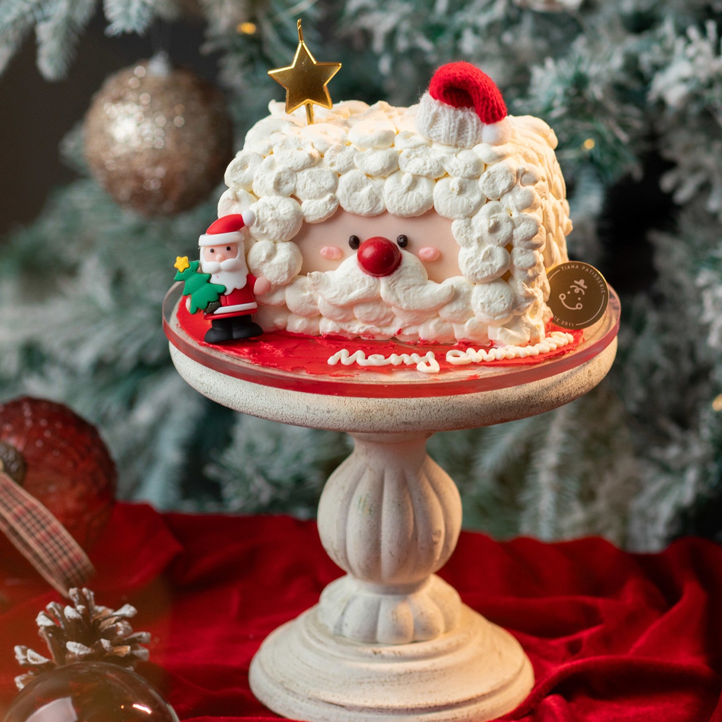 2025圣诞节红鼻老人蛋糕装饰圣诞氛围感毛线帽五角星蜡烛插件配件