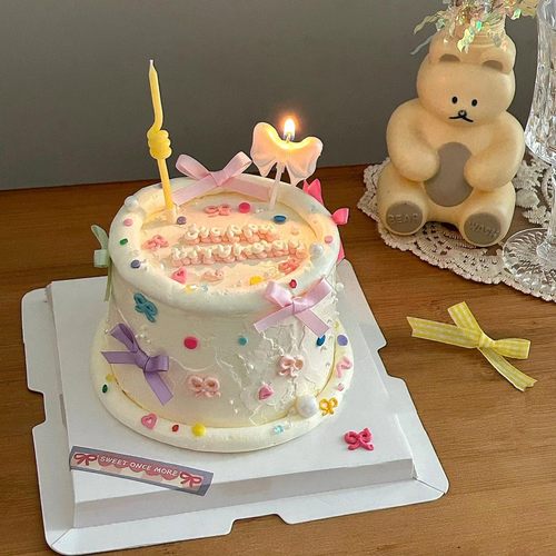 网红芭蕾风丝带蝴蝶结蛋糕装饰珠光白色蝴蝶结蜡烛生日装扮插件