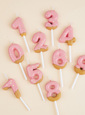 粉色巧克力甜甜圈网红造型0-9数字生日蛋糕蜡烛插件卡通复古儿童