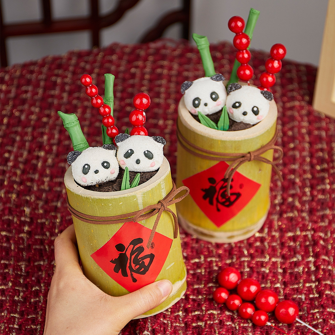 网红新年竹筒杯蛋糕装饰摆件熊猫棉花糖竹子糖葫芦福字贴纸插件,节庆用品/礼品,节日装扮用品,淘宝优惠券,粉丝福利购,淘宝优惠卷
