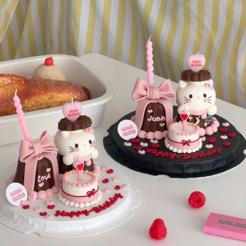 网红款kt猫ins蝴蝶结爱心蜡烛蛋糕装饰摆件彩色螺旋蜡烛烘焙配件