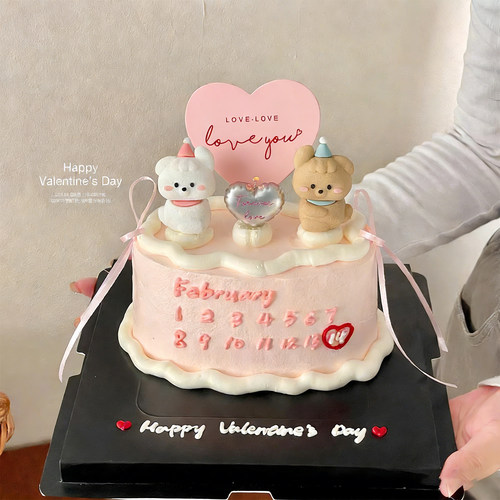2026情人节卡通修狗蛋糕装饰摆件爱心蜡烛love卡片情侣表白装扮
