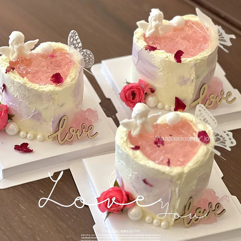 520情人节许愿池天使蛋糕装饰摆件木质love白色蝴蝶情侣甜品插件l