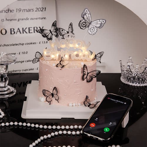 网红皇冠发光英文HB灯牌蛋糕装饰摆件镂空蝴蝶仙女女神生日插件