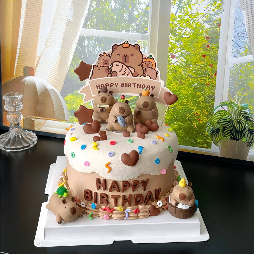 网红卡皮巴拉儿童生日蛋糕装饰卡通水豚摆件洗澡摸鱼河豚烘焙插牌