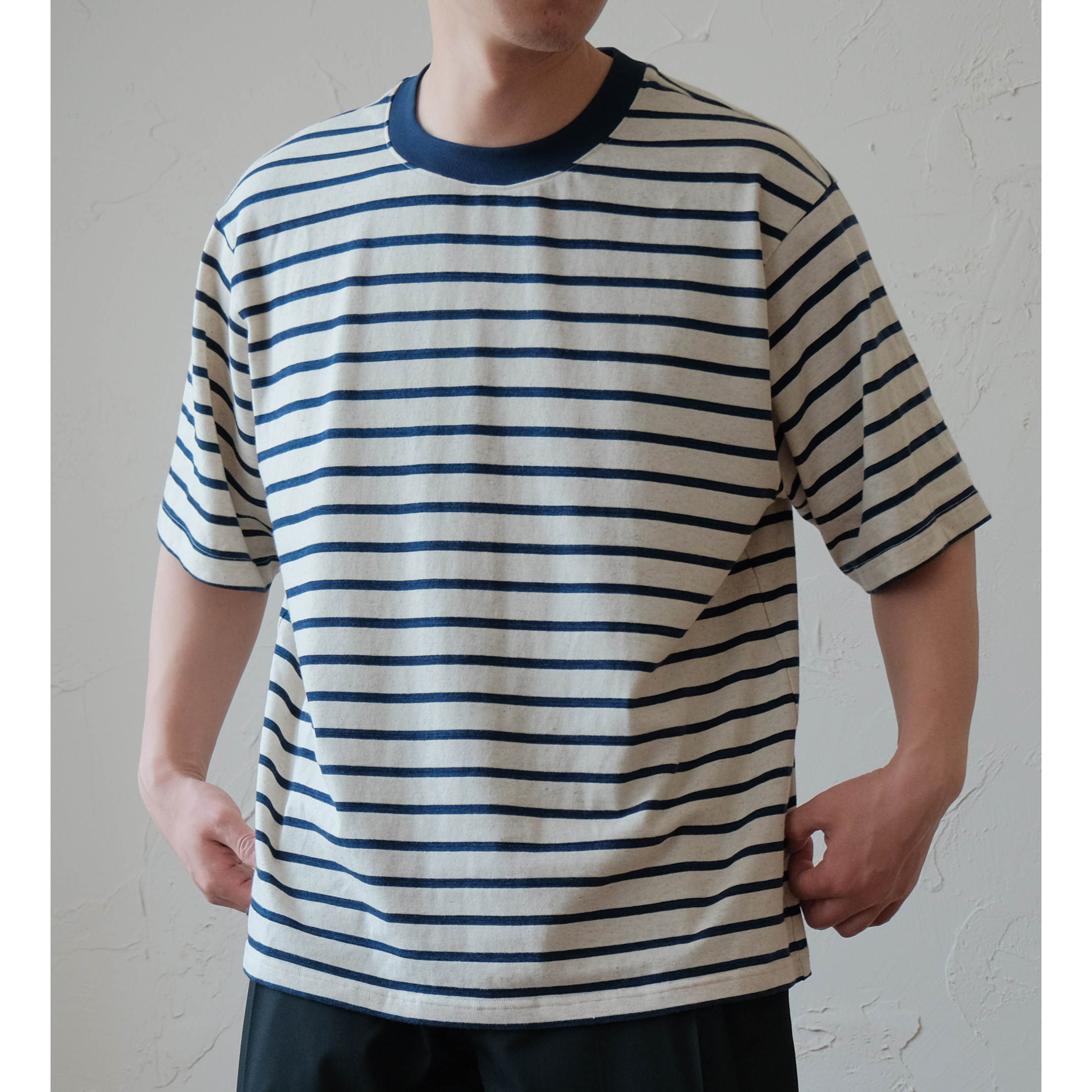 WATEREVER | 色织天丝棉麻条纹短袖圆领T恤 夏季蓝白透气t恤,男装,T恤,淘宝优惠券,粉丝福利购,淘宝优惠卷