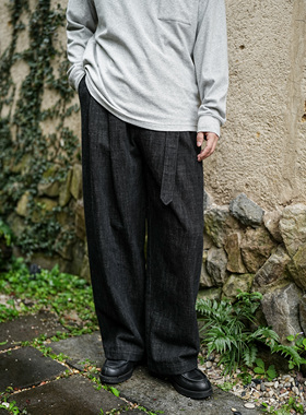 WATEREVER「剑客」黑色羊毛棉双褶加绒牛仔裤 腰带直筒休闲裤