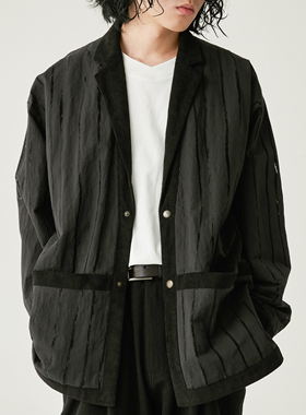 WATEREVER 22SS薄款长袖黑色烧丝肌理感拼接条纹西装夹克外套春季