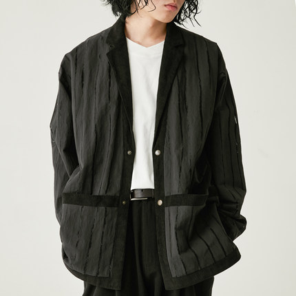 WATEREVER 22SS薄款长袖黑色烧丝肌理感拼接条纹西装夹克外套春季