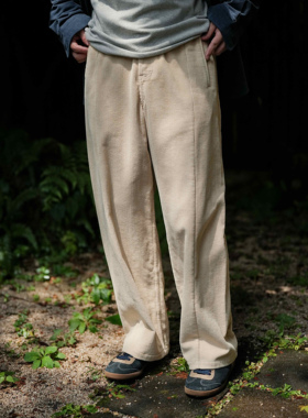 WATEREVER「麦浪」匹马棉米白色灯芯绒纯棉酵素水洗直筒休闲西裤