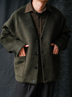 WATEREVER | 墨绿色高级质感无领插肩袖毛呢夹克 羊毛呢子开衫