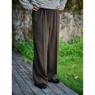 WATEREVER「拿铁」棕色色织坑条松紧腰垂感易打理懒人直筒卫裤