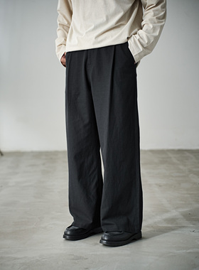 WATEREVER「玄」棉麻人丝色织黑色麻纱质感单褶西裤 质感休闲裤