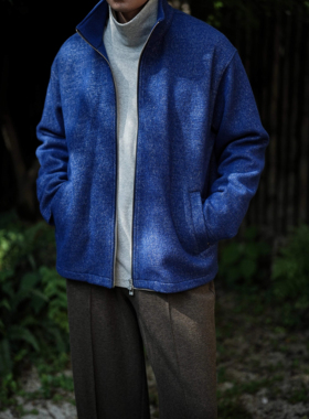 WATEREVER「绒花·兰」美丽诺羊毛宝蓝色拉链半高领天丝夹克外套