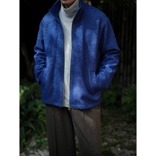 WATEREVER「绒花·兰」美丽诺羊毛宝蓝色拉链半高领天丝夹克外套