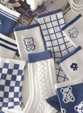 袜子女韩版中筒ins潮秋冬季可爱小熊卡通蓝色日系百搭学生长筒袜