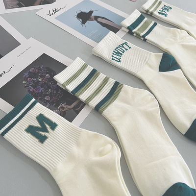 白色袜子男士中筒袜棉ins潮绿色防臭吸汗透气运动长筒袜女春夏