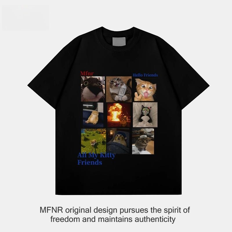 MFN重磅纯棉凉感趣味九宫格猫咪短袖T恤男女夏季宽松潮牌落肩上衣