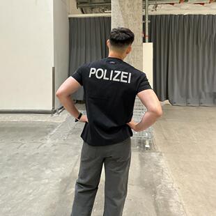 POLIZEI索罗娜短袖条子印花上衣夏季凉感速干吸汗休闲正肩健身T恤